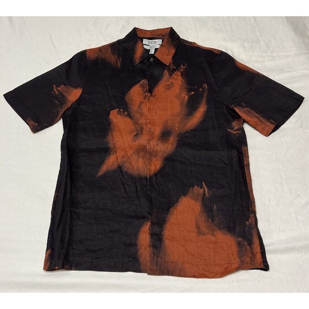 COS Men’s S Linen S/S Regular Fit Button Up Shirt Red/Black Flame Lava Dye NWOT